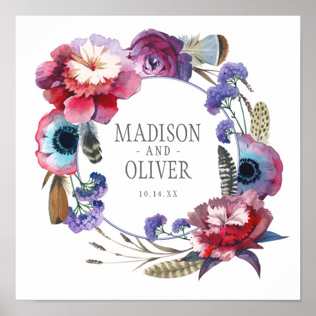 Poster Peony Floral de flor selvagem com penas | Casament (Frente)