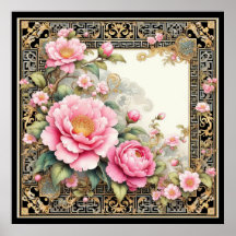 Peony rosa ornamentado num quadro de Chinoiserie r