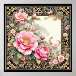 Poster Peony rosa ornamentado num quadro de Chinoiserie r