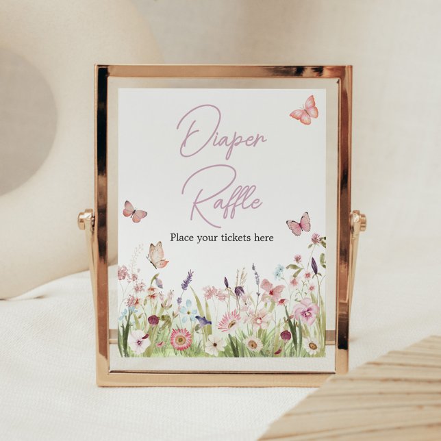 Poster Pequena Borboleta Fralda de Flor Selvagem Raffle (Wildflower Little Butterfly Baby Shower Diaper Raffle Sign)