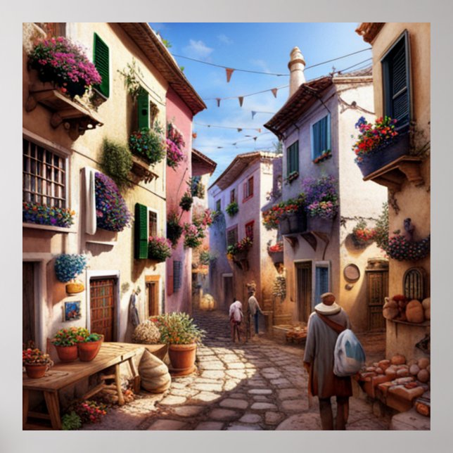 Poster Pequena cidade turística ruas pequenas compra flor (Frente)