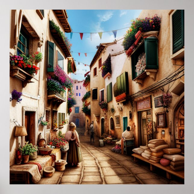 Poster Pequena cidade turística ruas pequenas compra flor (Frente)