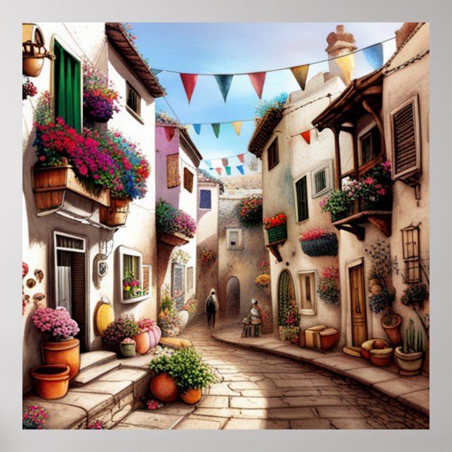 Poster Pequena cidade turística ruas pequenas compra flor (Frente)