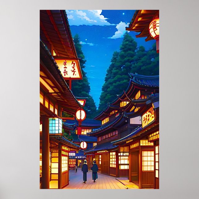Poster Pequena rua de cidade japonesa à noite  (Frente)