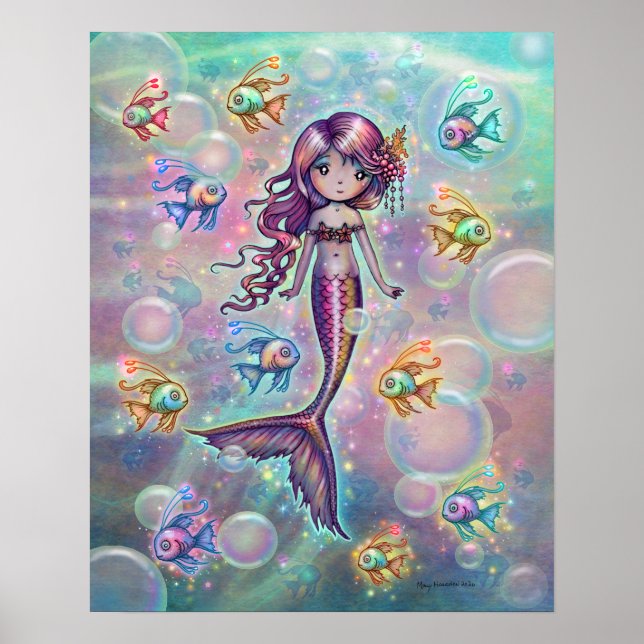 Poster Pequena Sereia Rosa com Fantasia de Peixes e Bolha (Frente)