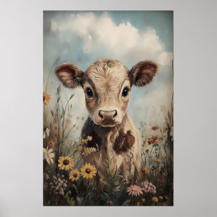 Poster Pequena vaca flores silvestres estampa, Páscoa cas
