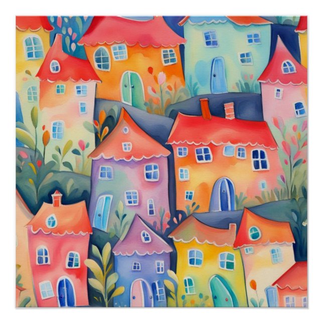 Pôster Pequenas casas de pastel de cor suave, cor pacífic (Frente)