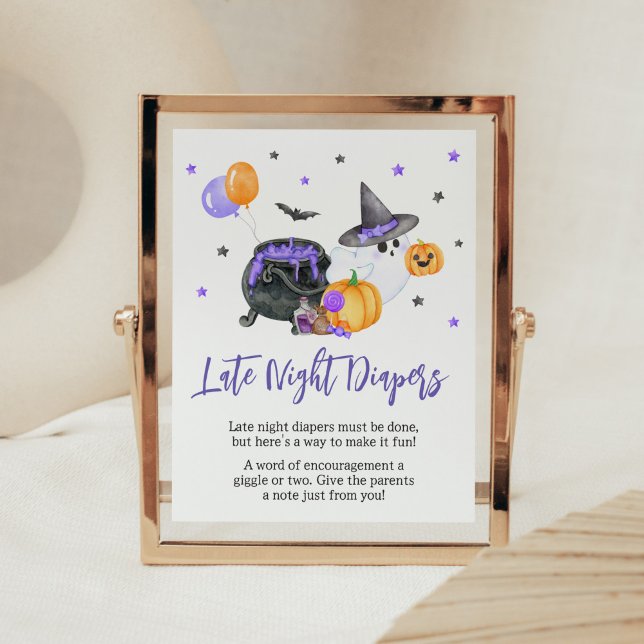 Poster Pequenas Chás de fraldas Noturnas Roxas (Ghost Halloween Baby Shower Late Night Diapers Sign)