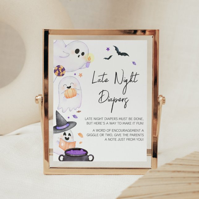 Poster Pequenas Fraldas Noturnas de Halloween Tarde (Purple Little Boo Baby Shower Late Night Diapers Sign)