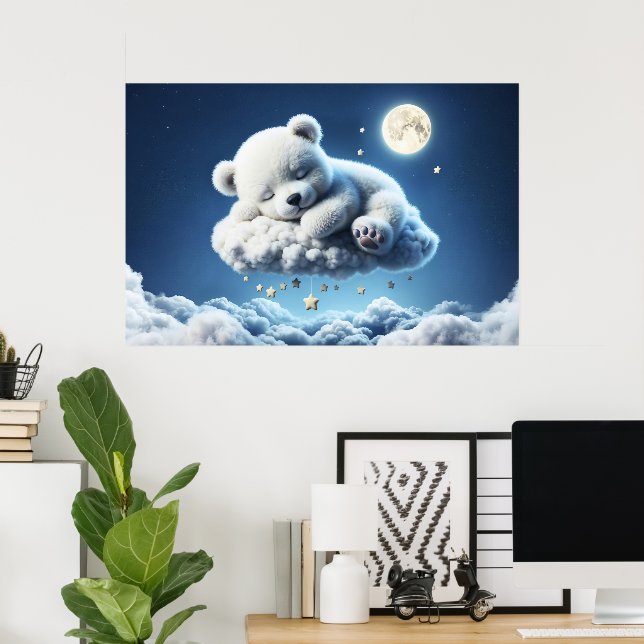 Poster Pequenas nuvens estrelas ursinho fantasia lua arte (Escritório em casa)