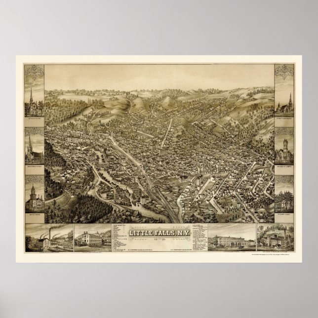 Pôster Pequenas Quedas, Novo Mapa Panorâmico - 1881 (Frente)