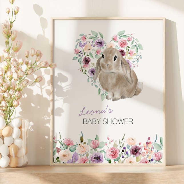 Poster Pequeno Bunny Floral Love Heart Bem-vindo (Floral Rabbit Welcome Sign from my Little Bunny & Little Lamb Baby Shower collection)