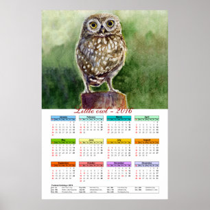 Pôster Pequeno calendário de aquarela de coruja 2016