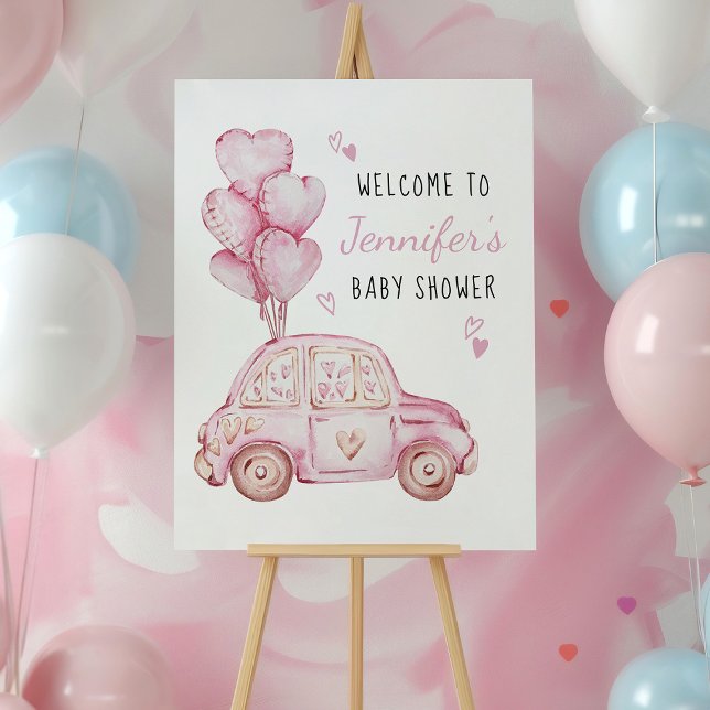 Poster Pequeno Carro Rosa e Balões Bem-Vindo (Sweetheart themed baby shower welcome sign with pink car and balloons by Darling & May)