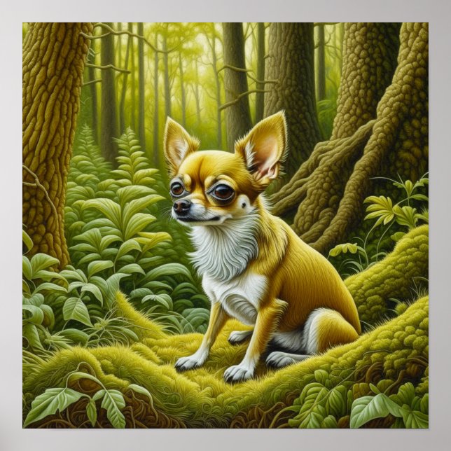 Poster Pequeno Chihuahua bonitinho sentado na floresta (Frente)