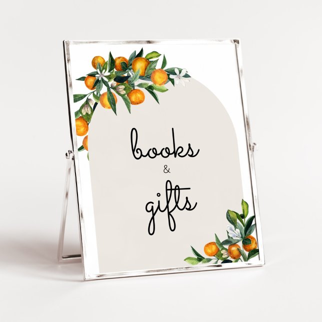 Poster Pequeno Citrus Orange Baby Books e presentes (Gender Neutral Citrus Baby Shower Books and Gifts Sign)