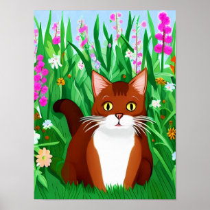 Poster Pequeno Gatinho Ginger Brown em um Campo de Flores