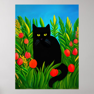 Poster Pequeno Gato Negro em um Jardim de Tulipas