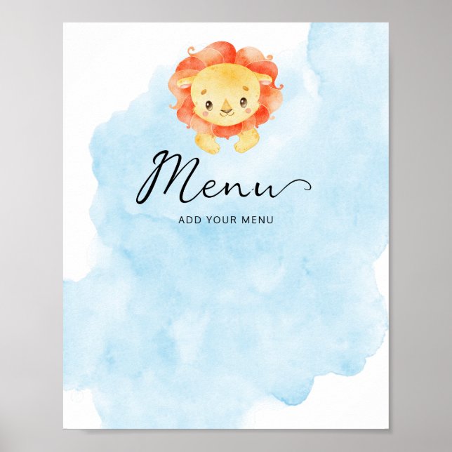 Poster Pequeno Leão É um Menino Aquarela Azul Menu (Frente)
