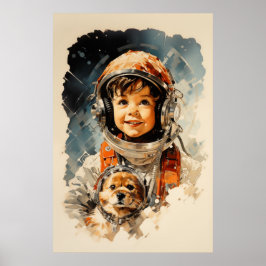 Poster Pequeno menino astronauta e cachorro