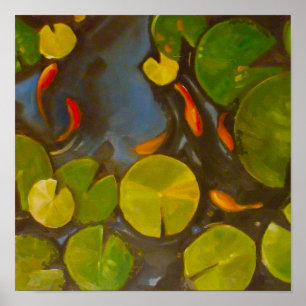 Poster Pequeno peixe-dourado Koi em Pond com Lily Pads