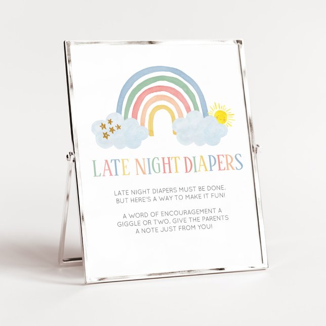 Poster Pequeno Raio de Luz Sinal de Fraldas Noturnas (Rainbow Baby Shower Late Night Diapers Sign)