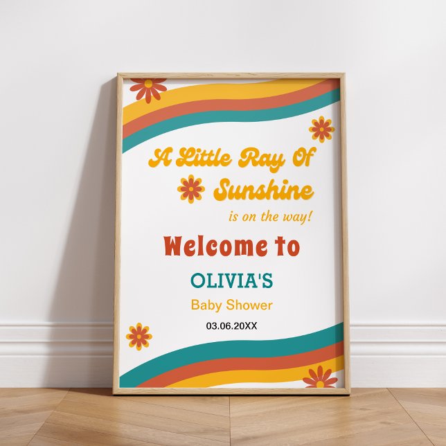 Poster Pequeno Raio Sol de Boas-vindas ao Chá de fraldas  (A Little Ray of Sunshine Retro Baby Shower Welcome Sign )