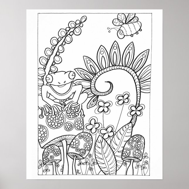 Poster Pequeno sapo de 16"x 20" com flores de fantasia (Frente)
