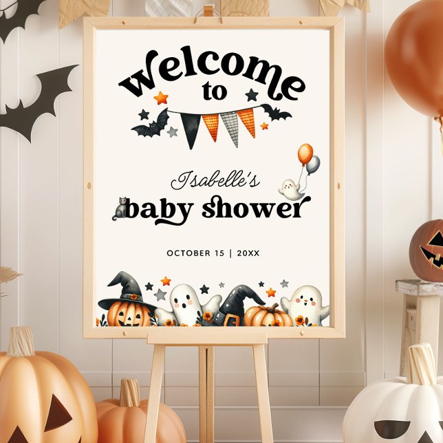 Poster Pequeno sinal de boas-vindas ao Chá de fraldas Boo (Little Boo Halloween Baby Shower Welcome Sign)