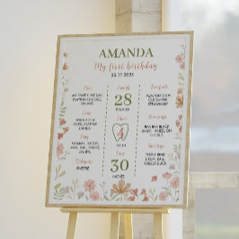 Poster Pequeno Sinal de primeiro aniversario de Flores Se