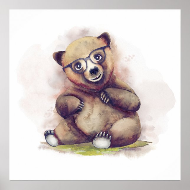 Poster Pequeno Urso Bebê com Óculos Aquarela (Frente)