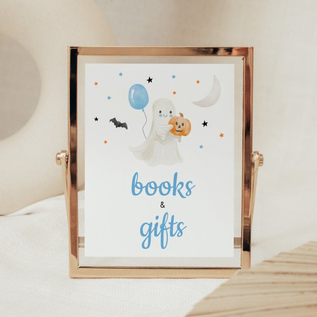 Poster Pequenos Livros e Presentes do Halloween (A Little Boo Baby Shower Books and Gifts Sign)