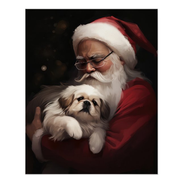 Pôster Pequinês Com Papai Noel Natal Festivo (Frente)