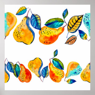 Poster Pera pintada manualmente com aquarelas em borda se