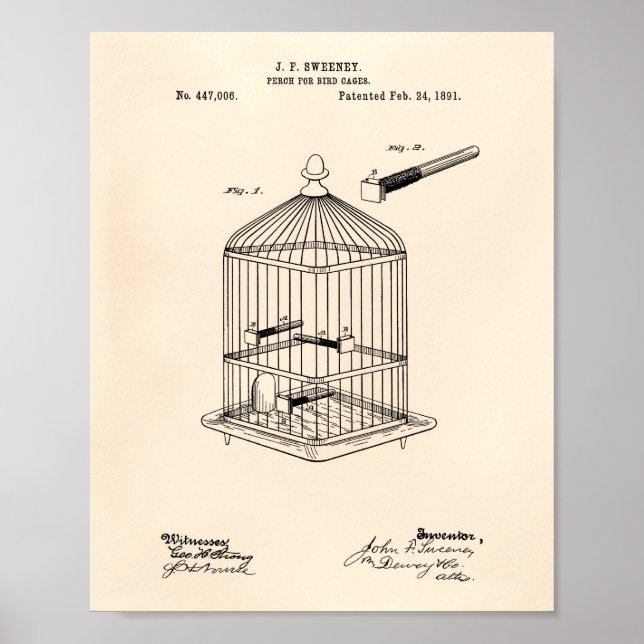 Pôster Perch For Bird Cages 1891 Patent Art Old Peper (Frente)