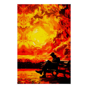 Pôster Perdido em Pensamento – Reflexo Surreal do Pôr do 