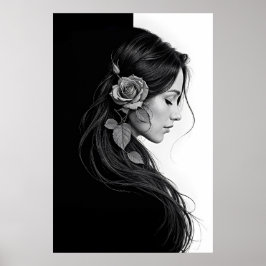 Poster Perfil artístico feminino com rosa em monocromo