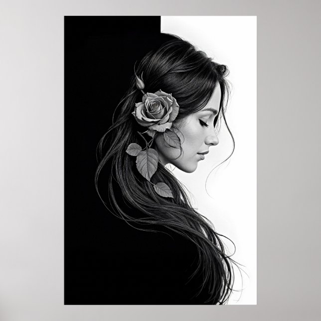Poster Perfil artístico feminino com rosa em monocromo (Frente)