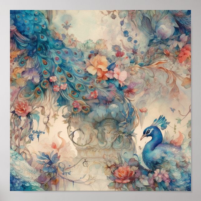 Poster Período De Rococo Do ornamentado Floral E Pavão (Frente)