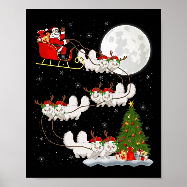 Poster Persian Cat Santa Sleigh Flying Funny Magical Chri (Frente)