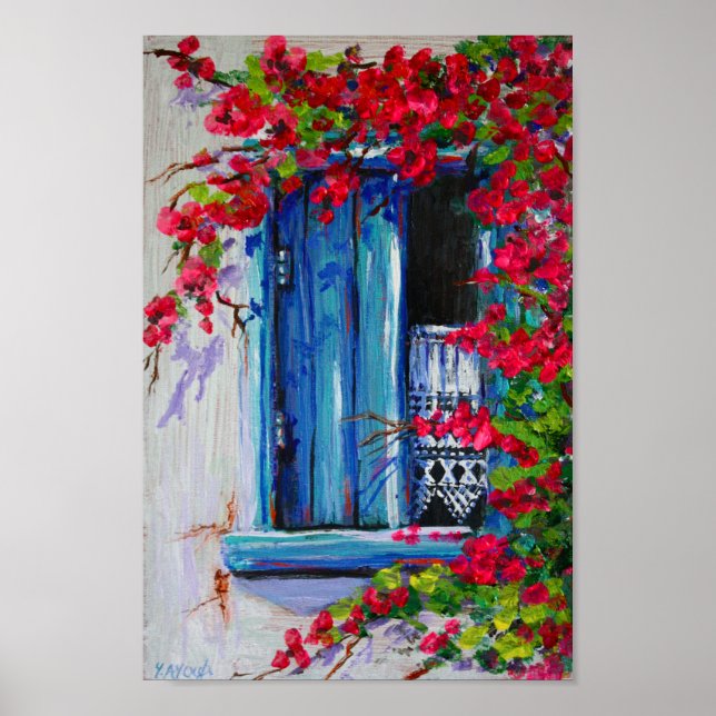 Poster Persianas azuis com Bougainvillea (Frente)