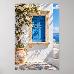 Poster Persianas Azuis Mediterrâneas e Bougainville Branc