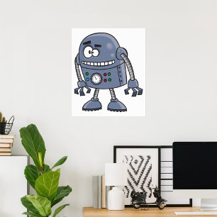 Poster Personagem Robô Engraçado Cor Azul Retro