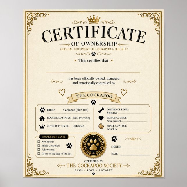 Poster Personalised Cockapoo Owner Certificate – dog gift (Frente)