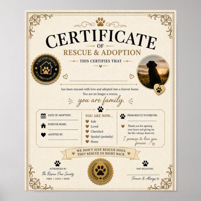 Poster Personalised Dog Adoption Certificate Gift (Frente)