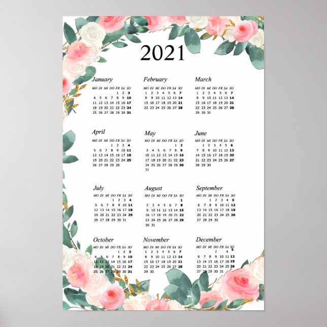 Poster Personalisierbar Kalender 2021 Floral (Frente)