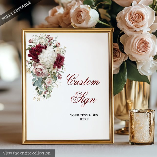 Poster Personalização de Casamento de Rosa do Jardim Bran (Boho Burgundy White Garden Rose Wedding Custom Poster)