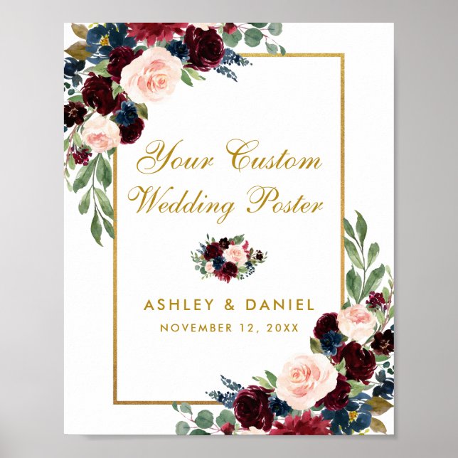 Poster Personalização de Casamento Floral Dourado Azul Bu (Frente)