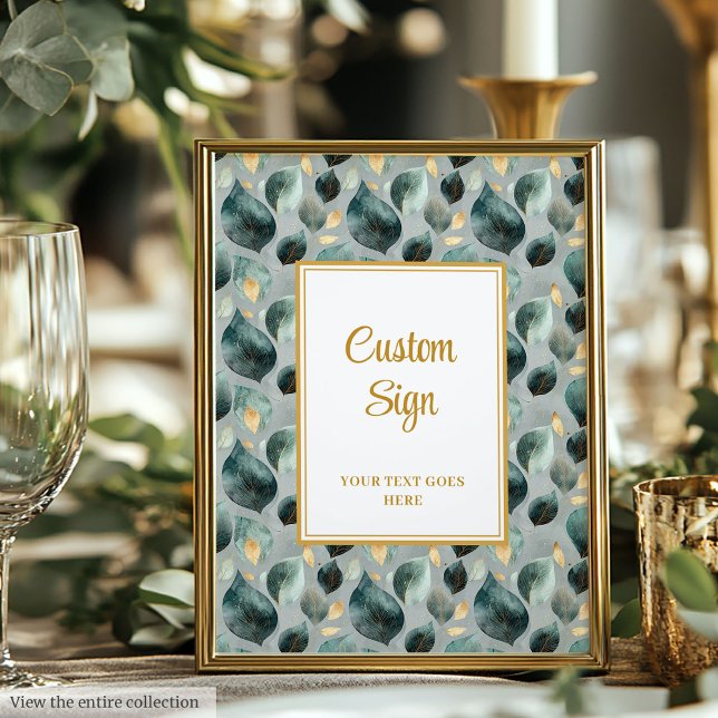 Poster Personalização Dourada de Casamento Eucalipto Verd (Minimal Deep Green Gold Eucalyptus Wedding Custom Sign)