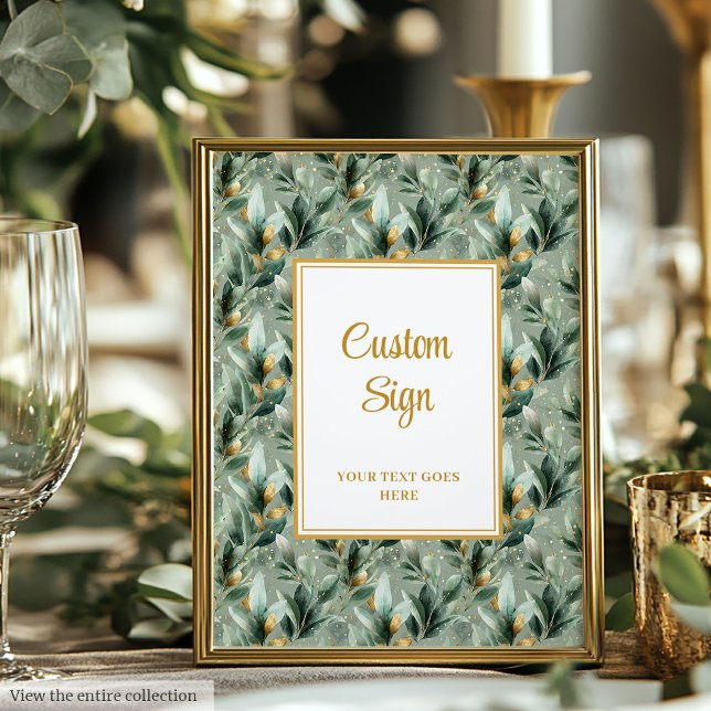 Poster Personalização Dourada de Casamento Eucalyptus Ele (Elegant Deep Green Gold Eucalyptus Custom Sign)